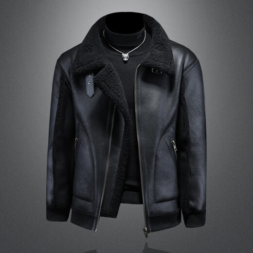 GENIUS international first-line brand fur integrated men's winter velvet thickened leather jacket short motorcycle jacket leather jacket men's clip black L 115-130Jin Jin equals 0.5 kg