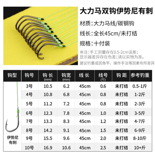 飓利强 大力马子线绑好鱼钩套装成品双钩防缠绕全套鲫鲤草鳊鱼钓鱼钩 防咬子线pe未打结子线 大力马双钩伊势尼有刺8号/1.5号线/10付