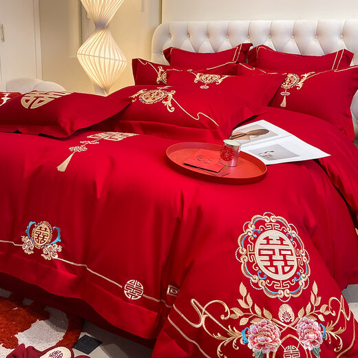 LangSha (LangSha) wedding four-piece bedding set, wedding bright red quilt, Chinese embroidery quilt cover, wedding room bed sheet, quilted bed sheet, wedding - big red - 1.5m bed sheet, four-piece set