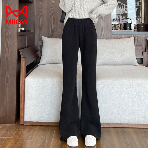 MiiOW extra thick sherpa plus velvet bootcut pants for women autumn and winter 2025 new cotton pants thickened corduroy chenille flared pants black S