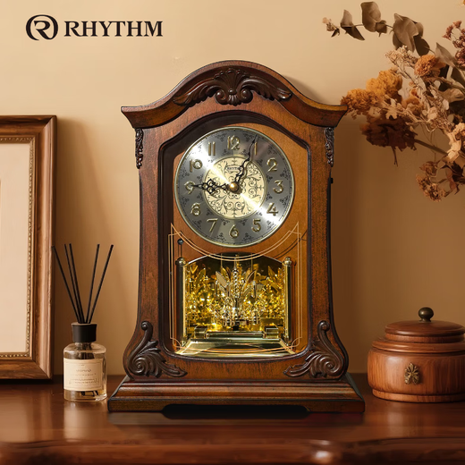 RHYTHM solid wood quartz clock new Chinese style retro alarm clock living room classical table clock creative ornaments old-fashioned sitting clock CRH209UR06 24*33cm