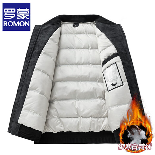 ROMON 2025 winter new leather jacket men's baseball jacket down jacket men's regular thickened casual leather jacket men's obsidian black XL recommended 125-140Jin Jin equals 0.5 kg