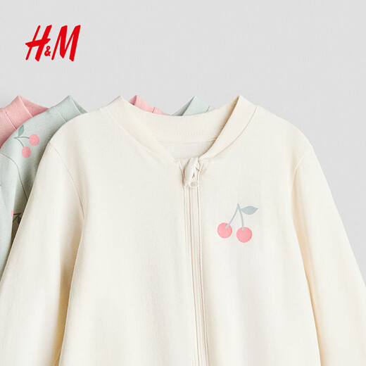 H&M 2026 Spring New Children's Clothing Baby Girls 3-piece Zipper One-piece Pajamas 1265817 Pink/Cherry 59cm 59/40 (1-2M)
