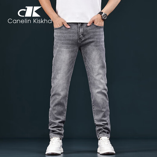 CANELIN KISKHA high-end black jeans for men 2025 new slim fit small feet summer trendy brand stretch casual autumn and winter trousers for men 1049 gray regular (71.9% cotton) 33 yards