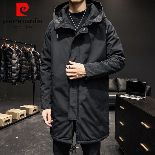 Pierre Cardin (Pierre Cardin) new autumn and winter men's mid-length hooded cotton coat thickened warm loose windbreaker quilted jacket trendy black M