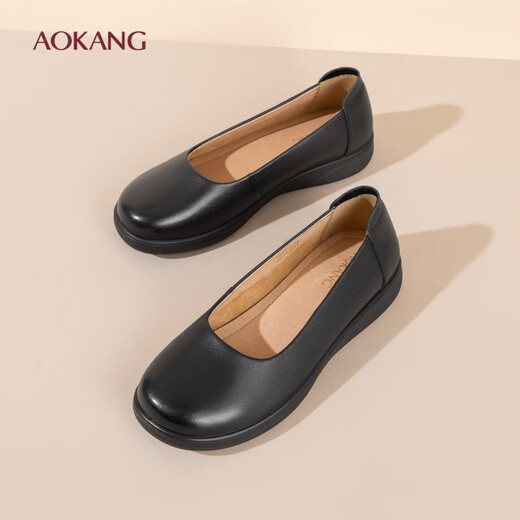 Aokang Women's Shoes Spring and Autumn New Style Comfortable Flat Shoes Soft Sole Anti-Slip Mom Shoes Shallow Mouth Single Shoes Genuine Leather Commuting Work Shoes N Black 36