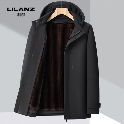 Lilan brand mink velvet removable inner lining men's high-end thickened business casual stand collar hooded coat, navy thickened 14XL (180)