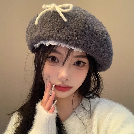 Lamb Wool Bow Lace Gray Beret Women's 2024 Autumn and Winter Warm and Showy Little Painter Hat Versatile Hat Gray M (56-58cm