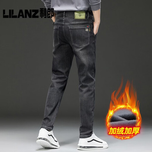 利郎高端秋冬厚款牛仔裤男2025新款直筒修身男裤弹力轻奢黑灰色休闲裤 灰色 厚款 黑 34