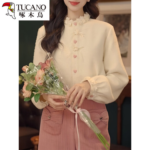 Woodpecker Fashionable and Sweet Korean Single-breasted Shirt Women's 2025 Winter New Niche Western Fashion Versatile Commuting Top Beige M (Recommended Jin Jin equal to 0.5 kg or less)
