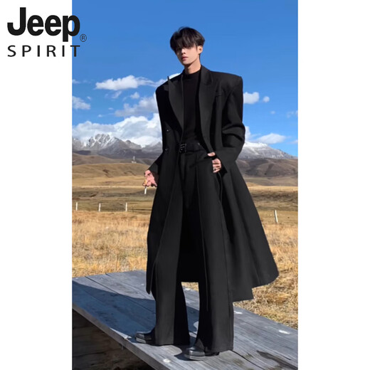 JEEP SPIRIT Black Peel Collar Waist Woolen Coat Men's Autumn and Winter Thickened Shoulder Padded Coat Over Knee Long Godfather Windbreaker Black Upgraded XL 130-145Jin Jin is equal to 0.5 kg