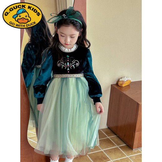 G.duck Frozen Anna Princess Dress Autumn Girls Velvet Mesh Dress Little Girl Birthday Dress Trendy Peacock Green Plus Velvet Style 120 cm