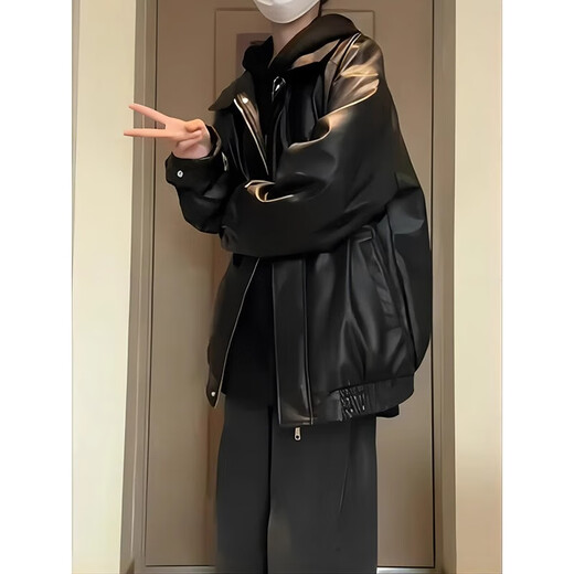 Leather jacket black PU leather jacket men's spring and autumn American cleanfit black upgraded model (90% of customers choose) M