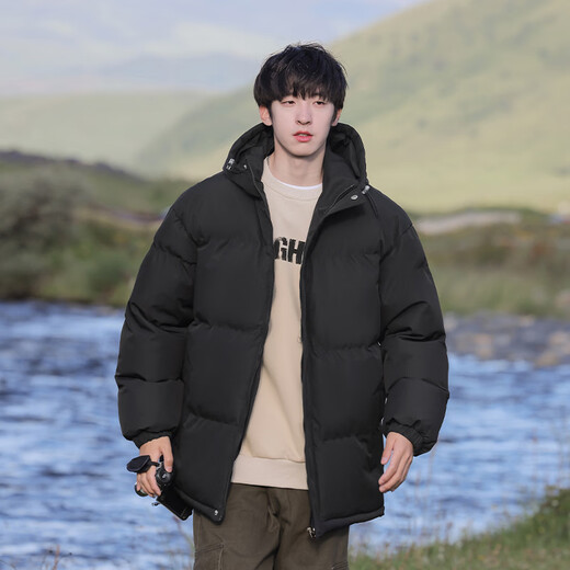 VUUG men's cotton coat jacket American style hooded cold weather clothing men's cotton jacket versatile new cotton coat black S