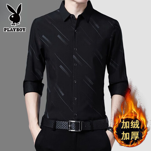 Playboy thickened velvet printed casual shirt men's long-sleeved autumn and winter business ironing-free shirt for young and middle-aged men's men's navy blue flower-170 plus velvet L 170 recommended 120-135Jin Jin equals 0.5 kg to wear