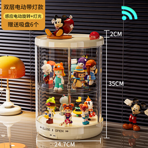 GOTOlabubu Bubble Mart blind box lighting display cabinet dust-proof transparent rotating figure storage box doll storage rack rotating figure box (double-layer electric with light model)
