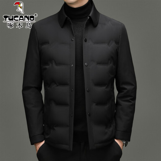 啄木鸟羽绒服男士短款翻领厚款保暖中青年冬季百搭防寒夹克鸭绒休闲外套 YR8615黑色 3XL 190