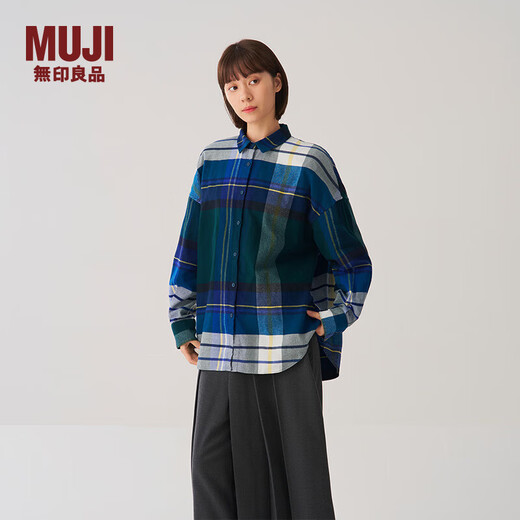 MUJI Women's Flannel Shirt Collar Wide Long Sleeve Shirt Women's Plaid Shirt Jacket 25 Winter Women's Green Plaid S (155/80A)
