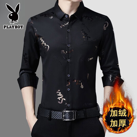 Playboy thickened velvet printed casual shirt men's long-sleeved autumn and winter business ironing-free shirt for young and middle-aged men's men's navy blue flower-170 plus velvet L 170 recommended 120-135Jin Jin equals 0.5 kg to wear