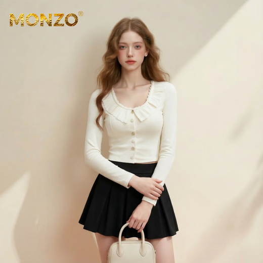 MONZO international high-end brand original design sweet style white long-sleeved fungus-edged sweater for women with buttons, slim and versatile, white S