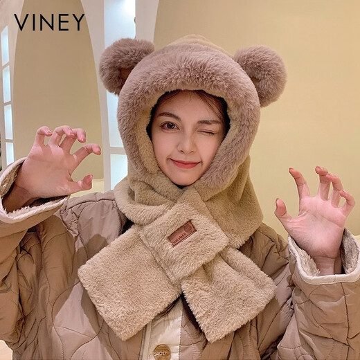 Viney scarf for women winter 2025 new plush cute bear hat one-piece gloves hooded neck scarf to keep warm camel Camel birthday gift for girlfriend wife Valentine's Day girlfriend 3.8 Goddess Day women one size