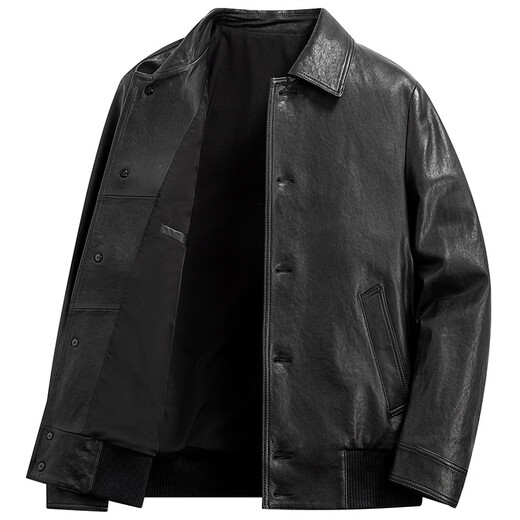Haining leather jacket men's sheepskin 2025 winter slim short lapel leather jacket black L suitable for 110-130Jin Jin equals 0.5 kg