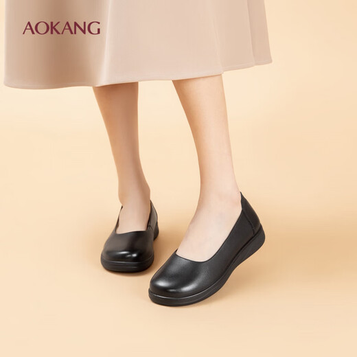 Aokang Women's Shoes Spring and Autumn New Style Comfortable Flat Shoes Soft Sole Anti-Slip Mom Shoes Shallow Mouth Single Shoes Genuine Leather Commuting Work Shoes N Black 36