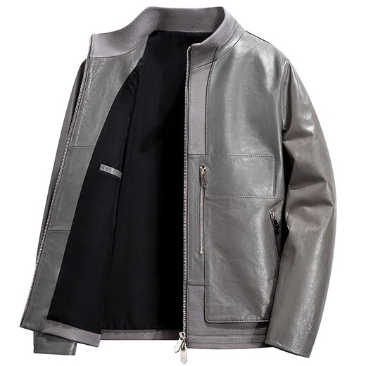 Fat Donglai Supermarket purchasing Haining leather jacket men's 2025 winter men's stand-up collar casual leather jacket workwear cotton same style gray 4XL suitable for 200Jin Jin is equal to about 0.5kg