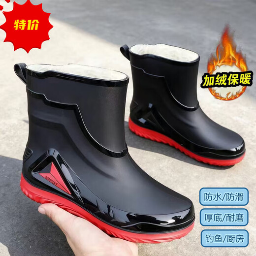 德系雨鞋雨靴高档男新款收口防雨防水鞋中筒防滑雨靴水靴户外钓鱼 黑色加防水口不可拆 41