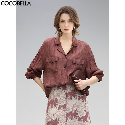COCOBELLA重工炒色压褶气质酒红衬衫早秋通勤长袖衬衣SR7029 酒红色(古法苏木炒色) M