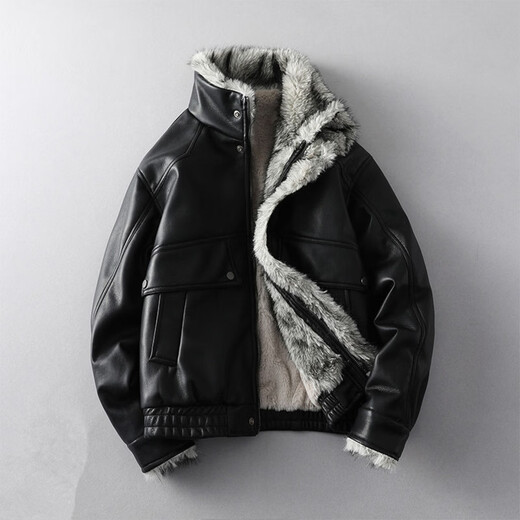GENIUS international first-line brand fur integrated men's winter loose velvet thickened leather jacket short motorcycle jacket leather jacket for men black M 90-125Jin Jin is equal to 0.5 kg