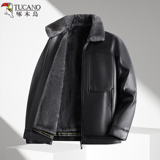 Woodpecker (TUCANO) Leather Jacket Men's Velvet Thickened Windproof and Coldproof Warm Jacket Men's Fashionable and Versatile Outerwear Men's Clothing