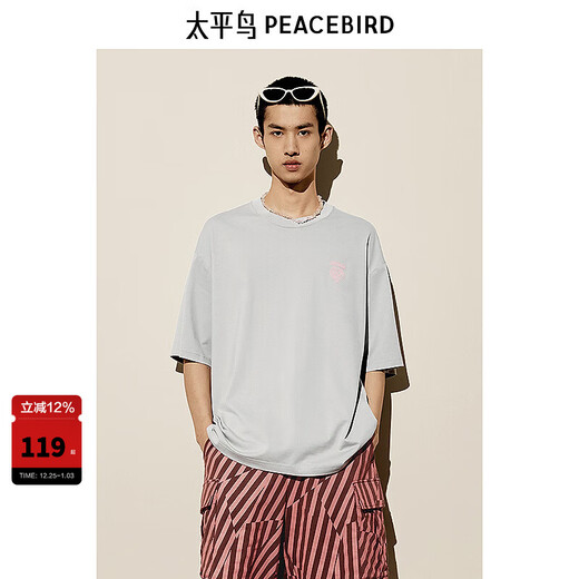 太平鸟男装 潮流休闲美式背后印花短袖T恤B2CNE2603 灰色1（阔型） 3XL