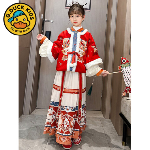 G.duck Parent-Child Clothing Han Dynasty Autumn and Winter Clothing Girls and Older Children Wool Lined New Year Clothes 2026 New Ethnic Style Suit Tops and Skirts 100 cm