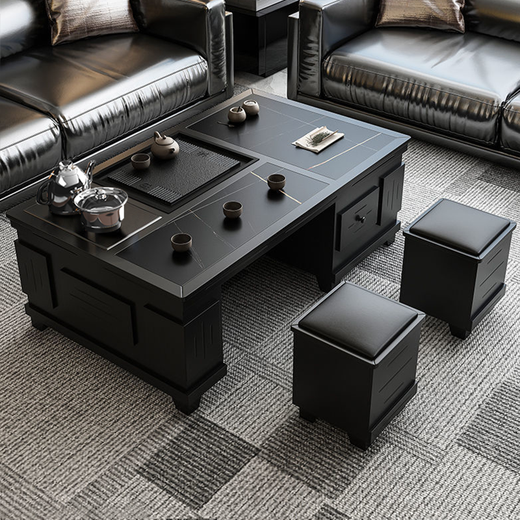 Slate Kung Fu coffee table with water boiling function, tea table, chair and tea set all-in-one set, modern home office tea table, 120*65*56 (obsidian black) tea stove complete set
