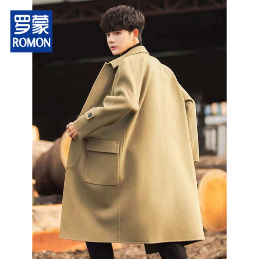ROMON double-sided woolen coat for men, mid-length, high-end, winter thickened woolen trench coat, knee-high trendy black S 120Jin Jin is equal to within 0.5 kg