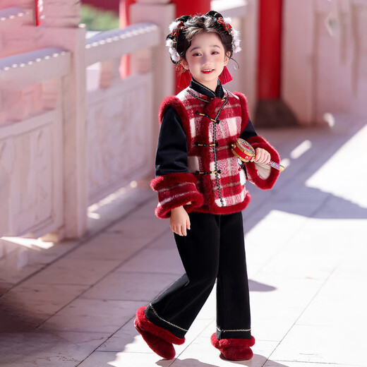 Wooden wooden house Hanfu girls New Year's greetings clothes New Year's wear children's new Chinese suit winter 2026 new style medium and large children warm plus velvet picture color 100 suitable for height 90-100cm age 3-4 years old