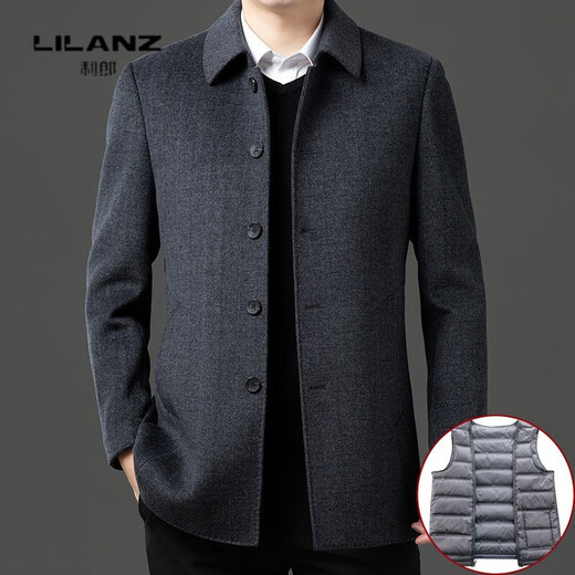 Lilang woolen men's coat autumn and winter middle-aged and elderly thickened warm double-sided woolen windbreaker dad down liner gray thickened 14XL (170)
