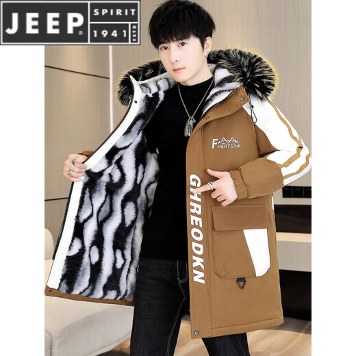 JEEP SPIRIT冬季派克服男士冲锋衣加绒加厚夹克男冬装棉服中长款风衣保暖外套 黑色【加 绒加 厚】 M 【80-100斤】