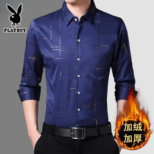 Playboy thickened velvet printed casual shirt men's long-sleeved autumn and winter business ironing-free shirt for young and middle-aged men's men's navy blue flower-170 plus velvet L 170 recommended 120-135Jin Jin equals 0.5 kg to wear