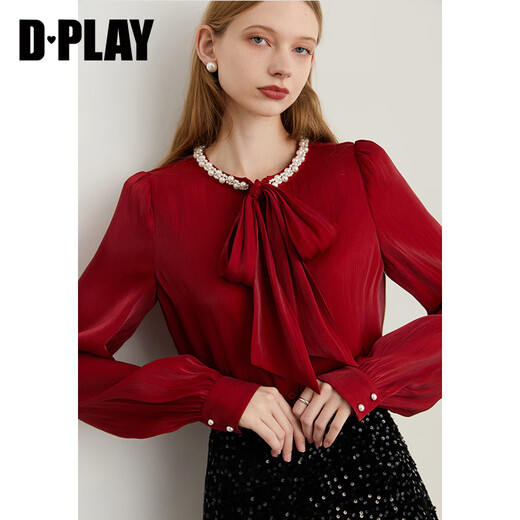 DPLAY Pearlescent Star Series 2025 Winter New Red Shirt Women's Pearl Bow Top Jam Red S