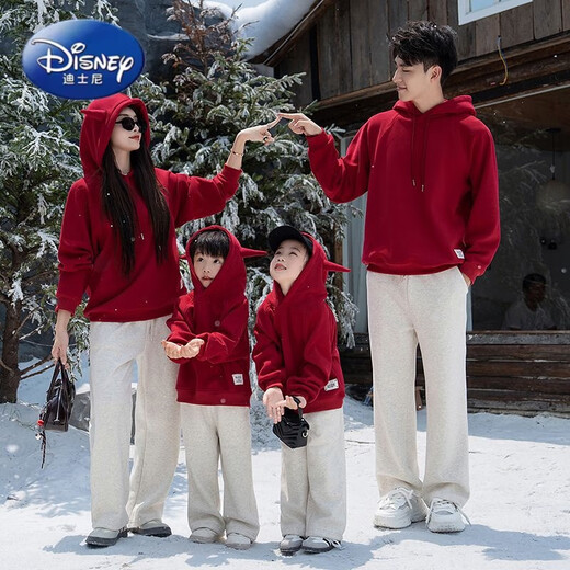 Disney parent-child sweatshirts plus velvet and thickening for mother and daughter 2025 new autumn and winter New Year's greetings for a family of three or four Western-style suits plus velvet red hat 150