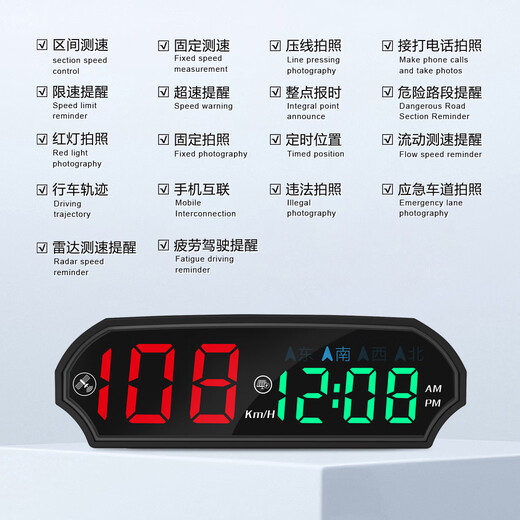 Chebaihui Solar HUD Head-up Display Safety Warning Device Voice Broadcast Speed Limit Reminder Solar Power + USB Charging Cable + Color Display