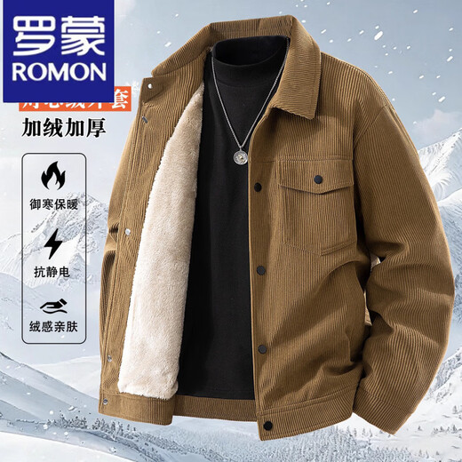 ROMON 2025 new corduroy jacket men's velvet thickened casual top autumn and winter warm lamb velvet jacket brown plus velvet 2XL