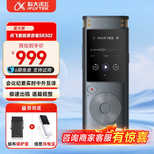 IFlytek smart recorder SR302/502/702 equipped with iFlytek Spark large model 32G memory real-time translation free text transcription professional noise reduction conference super long standby SR302 Spark version-32GB+5GB cloud storage