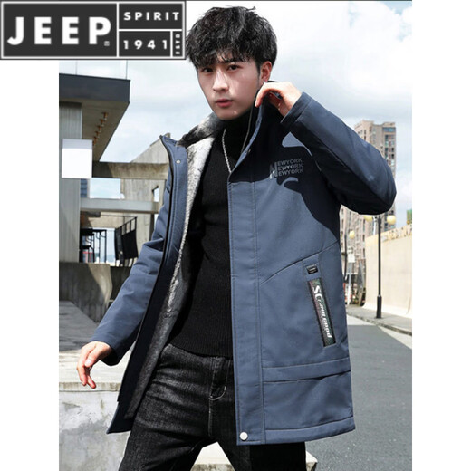 JEEP SPIRIT autumn and winter 2025 new hooded mid-length cotton coat men's velvet thickened windbreaker workwear parka jacket upgraded model K12157 black M