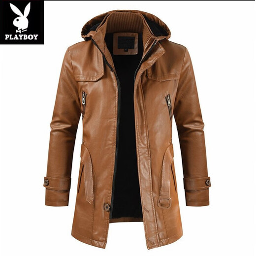Playboy (PLAYBOY) high-end mid-length men's leather jacket Korean style new youth large size hooded PU leather windbreaker men's jacket brown XL