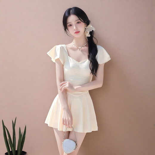 Yookdd swimsuit women's one-piece dress conservative hot spring swimsuit slimming body-covering swimsuit student seaside women's swimsuit off-white one-piece swimsuit one size