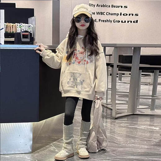 Now Pauline girls velvet sweatshirt autumn and winter 2025 new style loose mid-length children's spring and autumn tops for girls and boys hooded khaki_spring and autumn sweatshirt 120 cm