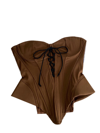 Pure Desire Versatile Belted Waist Fishbone Top Women's Summer European and American Fashion Irregular Slim Sleeveless Tube Top Brown S